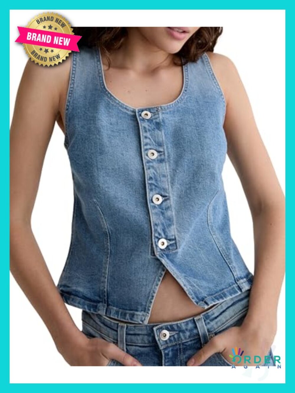 Slim-Fit Fitted Denim Vest with Button Closure, Cotton Blend
